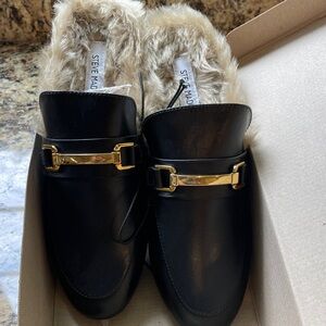 Steve Madden Black and Gold Fur-Lined Mules NIB